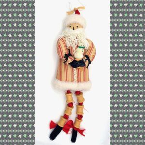 VTG Folk Art Santa Shelf Sitter Rustic Primitive Fabric Wood Spool Legs 9”